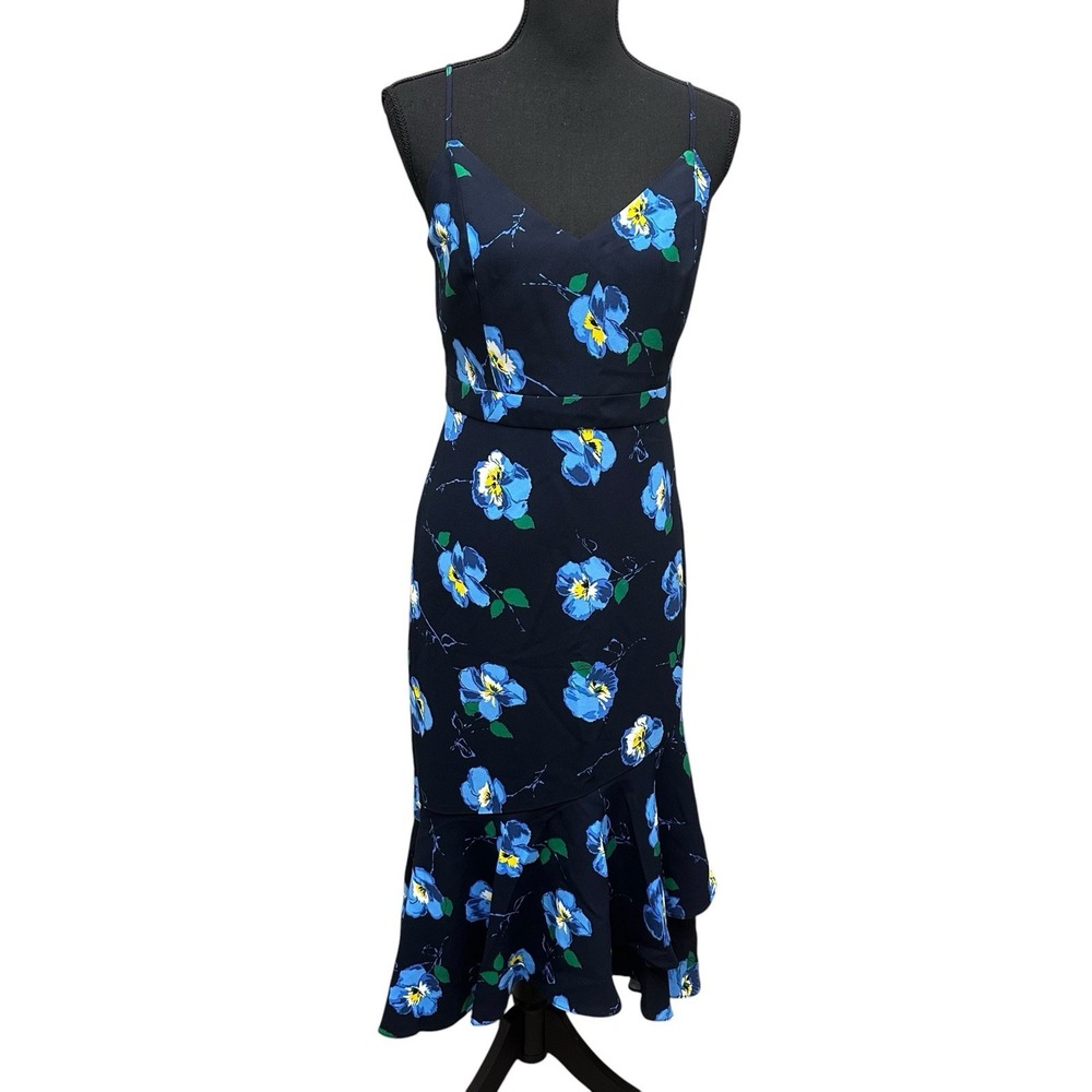 Banana Republic Navy Blue Floral V-neck Strap Ruffle Hem Sheath Dress Size 4‎